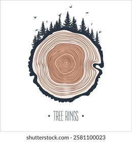 Round tree trunk cut with trees, forest and birds. Sawn pine or oak slice, lumber. Saw cut timber, wood. Brown wooden texture with tree rings. Hand drawn sketch. Vector illustration