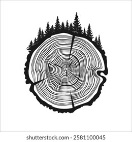 Round tree trunk cut with trees and forest. Sawn pine or oak slice, lumber. Saw cut timber, wood. Brown wooden texture with tree rings. Hand drawn sketch. Vector illustration