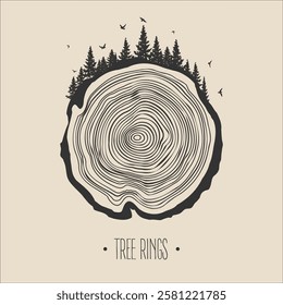 Round tree trunk cut with trees, forest and birds. Sawn pine or oak slice, lumber. Saw cut timber, wood. Brown wooden texture with tree rings. Hand drawn sketch. Vector illustration