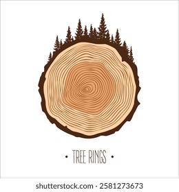 Round tree trunk cut with trees and forest. Sawn pine or oak slice, lumber. Saw cut timber, wood. Brown wooden texture with tree rings. Hand drawn sketch. Vector illustration