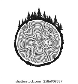 Round tree trunk cut with trees and forest. Sawn pine or oak slice, lumber. Saw cut timber, wood. Brown wooden texture with tree rings. Hand drawn sketch. Vector illustration