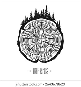 Round tree trunk cut with trees and forest. Sawn pine or oak slice, lumber. Saw cut timber, wood. Brown wooden texture with tree rings. Hand drawn sketch. Vector illustration