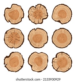 Runde Baumstämme schneiden mit Rissen, gesägtem Kiefer oder Eichenholz, Holz. Schnittholz gesägt, Holz. Braune Holzstruktur mit Baumringen. Handgezeichnete Skizze. Vektorgrafik