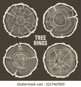 Round tree trunk cuts with cracks, sawn pine or oak slices, lumber. Saw cut timber, wood. Brown wooden texture with tree rings. Hand drawn sketch. Vector illustration