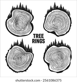 Round tree trunk cuts with trees and forest. Sawn pine or oak slices, lumber. Saw cut timber, wood. Brown wooden texture with tree rings. Hand drawn sketch. Vector illustration