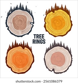 Round tree trunk cuts with trees, forest and birds. Sawn pine or oak slices, lumber. Saw cut timber, wood. Brown wooden texture with tree rings. Hand drawn sketch. Vector illustration