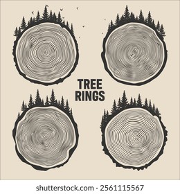 Round tree trunk cuts with trees, forest and birds. Sawn pine or oak slices, lumber. Saw cut timber, wood. Brown wooden texture with tree rings. Hand drawn sketch. Vector illustration