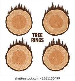 Round tree trunk cuts with trees and forest. Sawn pine or oak slices, lumber. Saw cut timber, wood. Brown wooden texture with tree rings. Hand drawn sketch. Vector illustration