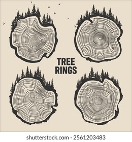 Round tree trunk cuts with trees, forest and birds. Sawn pine or oak slices, lumber. Saw cut timber, wood. Brown wooden texture with tree rings. Hand drawn sketch. Vector illustration