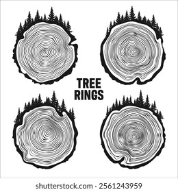 Round tree trunk cuts with trees and forest. Sawn pine or oak slices, lumber. Saw cut timber, wood. Brown wooden texture with tree rings. Hand drawn sketch. Vector illustration