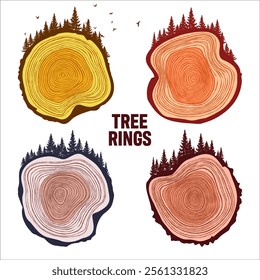 Round tree trunk cuts with trees, forest and birds. Sawn pine or oak slices, lumber. Saw cut timber, wood. Brown wooden texture with tree rings. Hand drawn sketch. Vector illustration