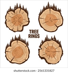 Round tree trunk cuts with trees and forest. Sawn pine or oak slices, lumber. Saw cut timber, wood. Brown wooden texture with tree rings. Hand drawn sketch. Vector illustration