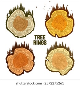 Round tree trunk cuts with trees, forest and birds. Sawn pine or oak slices, lumber. Saw cut timber, wood. Brown wooden texture with tree rings. Hand drawn sketch. Vector illustration