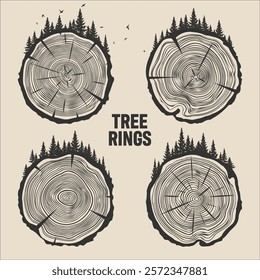 Round tree trunk cuts with trees, forest and birds. Sawn pine or oak slices, lumber. Saw cut timber, wood. Brown wooden texture with tree rings. Hand drawn sketch. Vector illustration