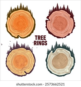 Round tree trunk cuts with trees, forest and birds. Sawn pine or oak slices, lumber. Saw cut timber, wood. Brown wooden texture with tree rings. Hand drawn sketch. Vector illustration