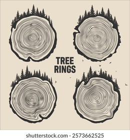 Round tree trunk cuts with trees, forest and birds. Sawn pine or oak slices, lumber. Saw cut timber, wood. Brown wooden texture with tree rings. Hand drawn sketch. Vector illustration