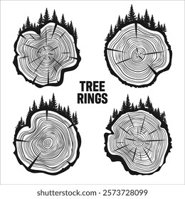 Round tree trunk cuts with trees and forest. Sawn pine or oak slices, lumber. Saw cut timber, wood. Brown wooden texture with tree rings. Hand drawn sketch. Vector illustration