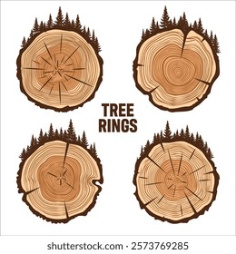 Round tree trunk cuts with trees and forest. Sawn pine or oak slices, lumber. Saw cut timber, wood. Brown wooden texture with tree rings. Hand drawn sketch. Vector illustration