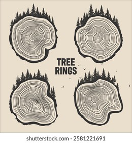 Round tree trunk cuts with trees, forest and birds. Sawn pine or oak slices, lumber. Saw cut timber, wood. Brown wooden texture with tree rings. Hand drawn sketch. Vector illustration