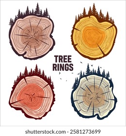 Round tree trunk cuts with trees, forest and birds. Sawn pine or oak slices, lumber. Saw cut timber, wood. Brown wooden texture with tree rings. Hand drawn sketch. Vector illustration