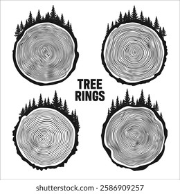 Round tree trunk cuts with trees and forest. Sawn pine or oak slices, lumber. Saw cut timber, wood. Brown wooden texture with tree rings. Hand drawn sketch. Vector illustration