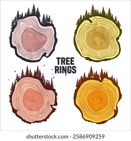 Round tree trunk cuts with trees, forest and birds. Sawn pine or oak slices, lumber. Saw cut timber, wood. Brown wooden texture with tree rings. Hand drawn sketch. Vector illustration