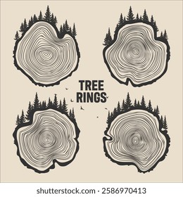 Round tree trunk cuts with trees, forest and birds. Sawn pine or oak slices, lumber. Saw cut timber, wood. Brown wooden texture with tree rings. Hand drawn sketch. Vector illustration