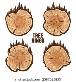 Round tree trunk cuts with trees and forest. Sawn pine or oak slices, lumber. Saw cut timber, wood. Brown wooden texture with tree rings. Hand drawn sketch. Vector illustration