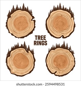 Round tree trunk cuts with trees and forest. Sawn pine or oak slices, lumber. Saw cut timber, wood. Brown wooden texture with tree rings. Hand drawn sketch. Vector illustration