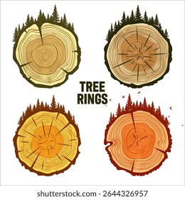Round tree trunk cuts with trees, forest and birds. Sawn pine or oak slices, lumber. Saw cut timber, wood. Brown wooden texture with tree rings. Hand drawn sketch. Vector illustration