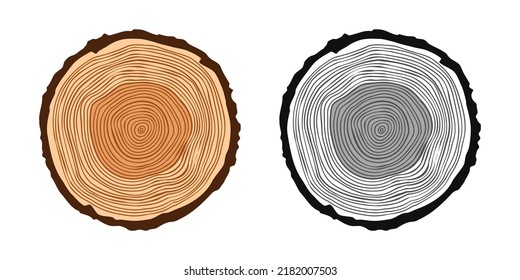 Cortes redondos de tronco de árbol en varios colores, rodajas de pino aserrado o roble, madera. Vi madera cortada, madera. Textura de madera marrón con anillos de árbol. Esbozo dibujado a mano. Ilustración del vector