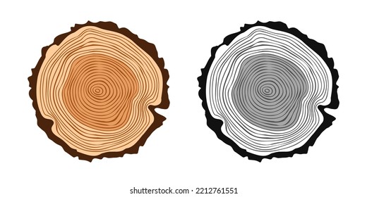 Round tree trunk cuts in various colors, sawn pine or oak slices, lumber. Saw cut timber, wood. Brown wooden texture with tree rings. Hand drawn sketch. Vector illustration