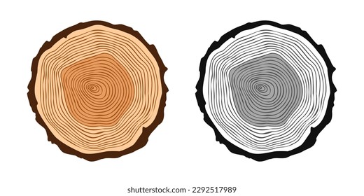 Round tree trunk cuts in various colors, sawn pine or oak slices, lumber. Saw cut timber, wood. Brown wooden texture with tree rings. Hand drawn sketch. Vector illustration