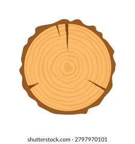 Round tree trunk section in flat style. Simple log slice as brown wood circle with soft grain and ring pattern. Clean icon or sticker concept for nature product label and carpentry wood material