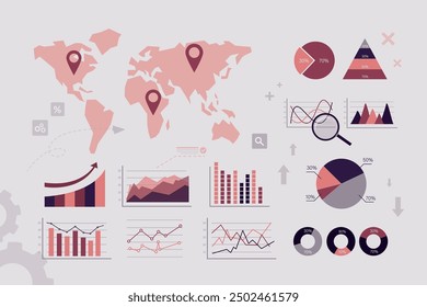 Round, triangle, rising, falling and percentage charts, graphs showing business progress and regression. Set of abstract virtual elements for statistics, presentation, web or ui. vector illustration