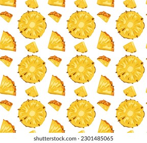 Round and triangular slices of pineapple in a peel. Seamless pattern in vector. Tropical fruits. Suitable for backgrounds and prints