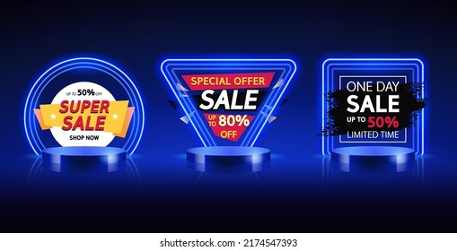 Round, Triangular and Square Blue Neon Sale Banners Set. Vector clip art for your discount project in dynamic modern style.