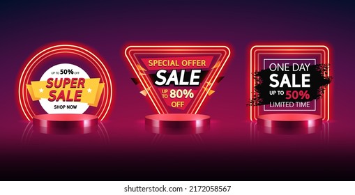 Round, Triangular and Square Red Neon Sale Banners Set. Vector clip art for your discount project in dynamic modern style.