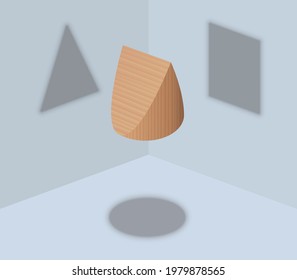 Round, triangular and square shadow, three different shadows from one wedge shaped object, but not an optical illusion. Symbol for different points of view or matters of opinion.
