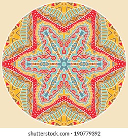 Round tribal pattern. Isolated design element with bright ethnic pattern. Six-sided symmetric geometric ornament. Decorative element of traditional culture. Vector file is grouped EPS8.