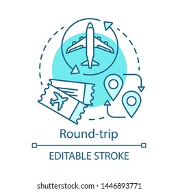 Round trip concept icon. Return ticket idea thin line illustration. Travelling by plane. Airplane trip. Aircraft flight path. Vector isolated outline drawing. Editable stroke