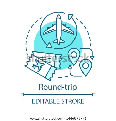 Round trip concept icon. Return ticket idea thin line illustration. Travelling by plane. Airplane trip. Aircraft flight path. Vector isolated outline drawing. Editable stroke