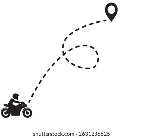 round trip travel concept. Motor bike travelling from start point to end point with dotted line tracing. 
