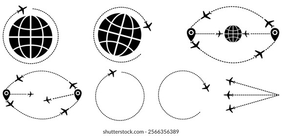 Round trip travel concept. plane travelling from start point to end point with dotted line tracing. trip planning vector symbol on transparent background