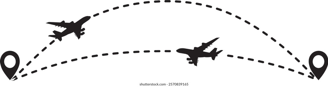 round trip travel concept. plane travelling from start point to end point with dotted line tracing. trip planning vector symbol on transparent background