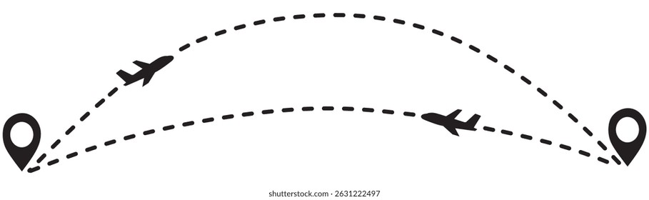 round trip travel concept. plane travelling from start point to end point with dotted line tracing