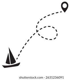 round trip travel concept. Ship travelling from start point to end point with dotted line tracing. 