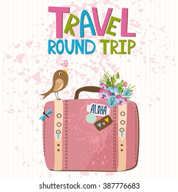 round trip. vector illustration. vintage suitcase with bird and bouquet