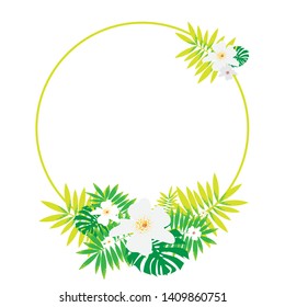 Round Tropical frame with palm leaves. Vector illustration. Postcard with Isolated tropical leaves and white flowers on white background. Banner for SMM. Trendy Tropical Leaves Vector Design - Vector