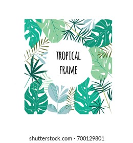 Round tropical frame, template with place for text. Vector illustration, isolated on white background.